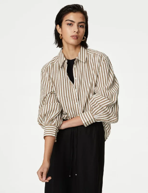 Pure Cotton Striped Collared Shirt-- V-Neck T-Shirt Long Sleeve Cotton