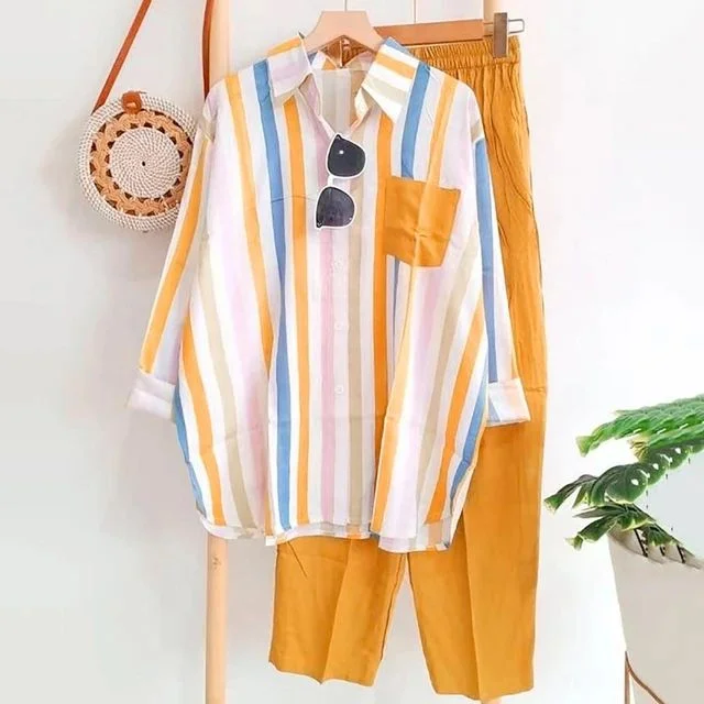 Trendy Women's Long Sleeve Casual Stripes Shirt Pants 2Pcs Set B-18743-- Graphic Embroidered Appliqued