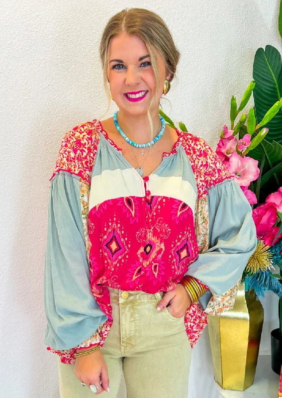 Round Top Blouse - Pink/Blue Floral Chiffon Blouse