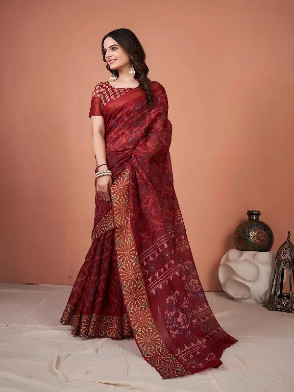 Saree Mall Women's Cotton Blend Maroon Printed Designer Saree With Blouse Piece-TNZC18D Casual Stripe Blouse