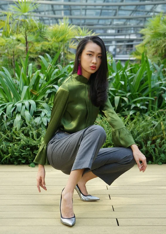 Flounce Sleeves Satin Mandarin Blouse (Bamboo Green) Playful Puff Blouse
