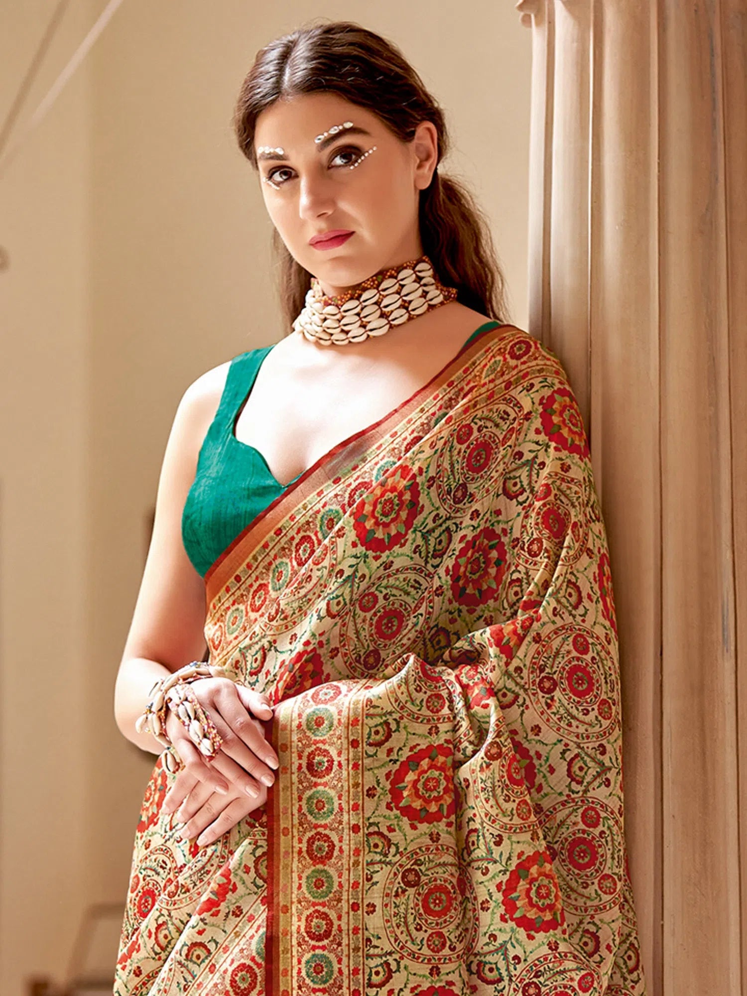 Saree Mall Women's Soft  Beige Printed Designer Saree With Blouse Piece-GRUHAM103 Loose Fit Blouse