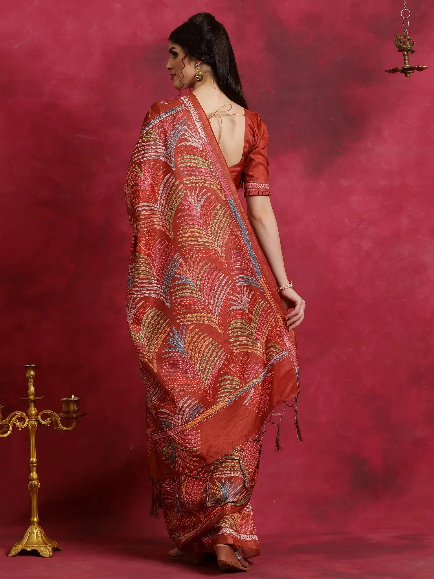 Saree Mall Women's Manipuri  Rust Printed Designer Saree With Blouse Piece-KNTHAC905 Drape Neck Blouse