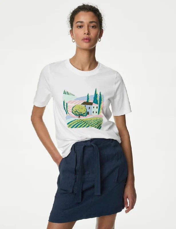 Pure Cotton Printed Everyday T-Shirt-- Welt Pockets Slit Pockets