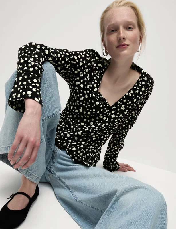 Printed V-Neck Shirt-- Zippered Front Buttoned Front Snap Front