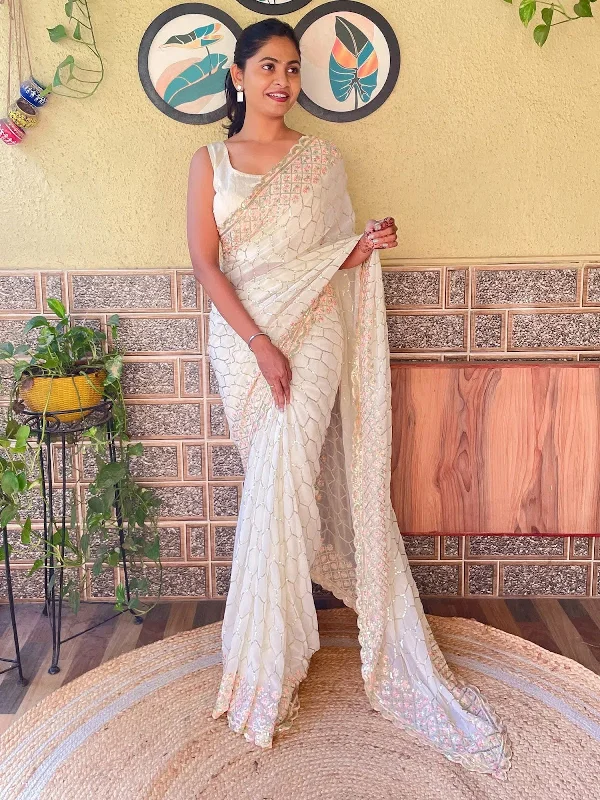 Saree Mall Women's Georgette Off White Embellished Designer Saree With Blouse Piece-KESARI1801 Double-Layered Blouse Saree Mall Women's Georgette Off White Embellished Designer Saree With Blouse Piece-KESARI1801 Double-Layered Blouse