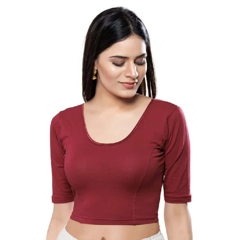 Maroon Cotton Lycra Solid Elbow Sleeves Blouse Business Casual Blouse