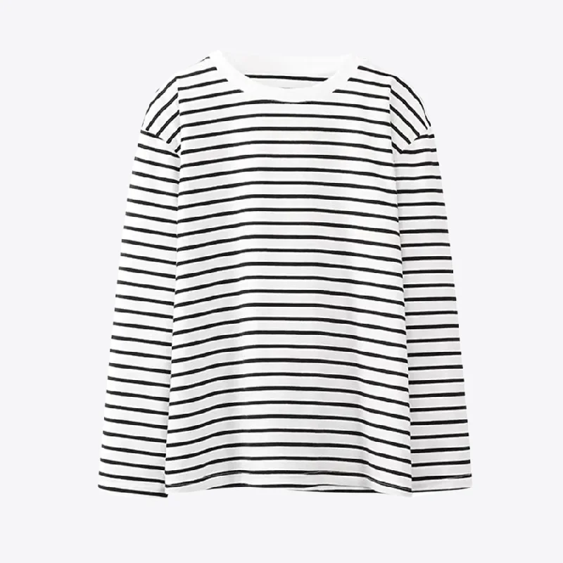 Noir Pathways Stripes Long Sleeve Cotton Womens Shirt-- Fitted T-Shirt Seamless Stretchy