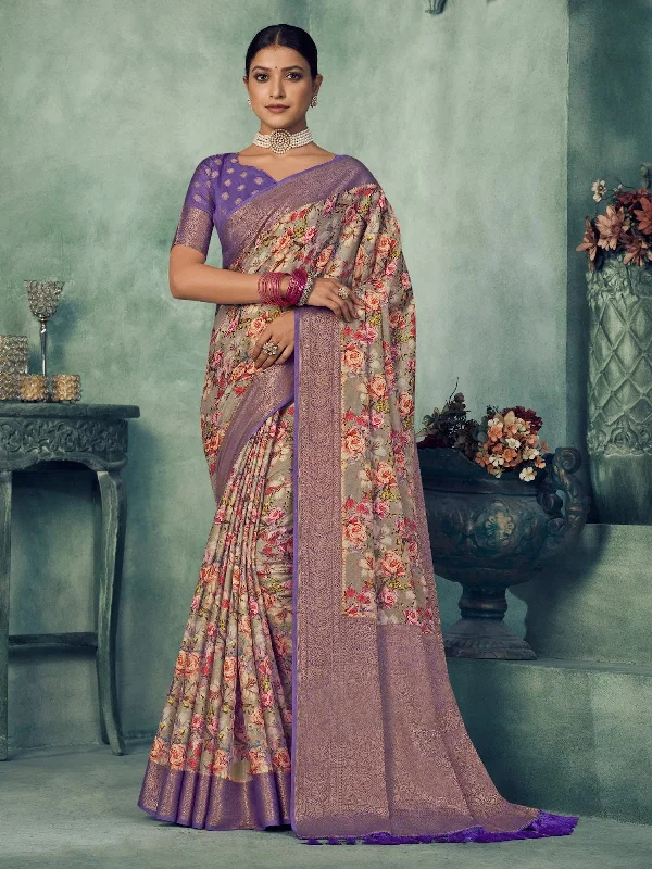 Saree Mall Women's Tussar  Grey Digital Print Celebrity Saree With Blouse Piece-NAVYA6806 Bell Sleeve Blouse