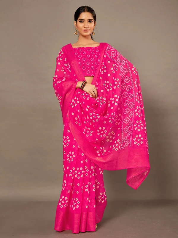 Saree Mall Women's Cotton Blend Pink Printed Celebrity Saree With Blouse Piece-TNZC16B High Neck Blouse
