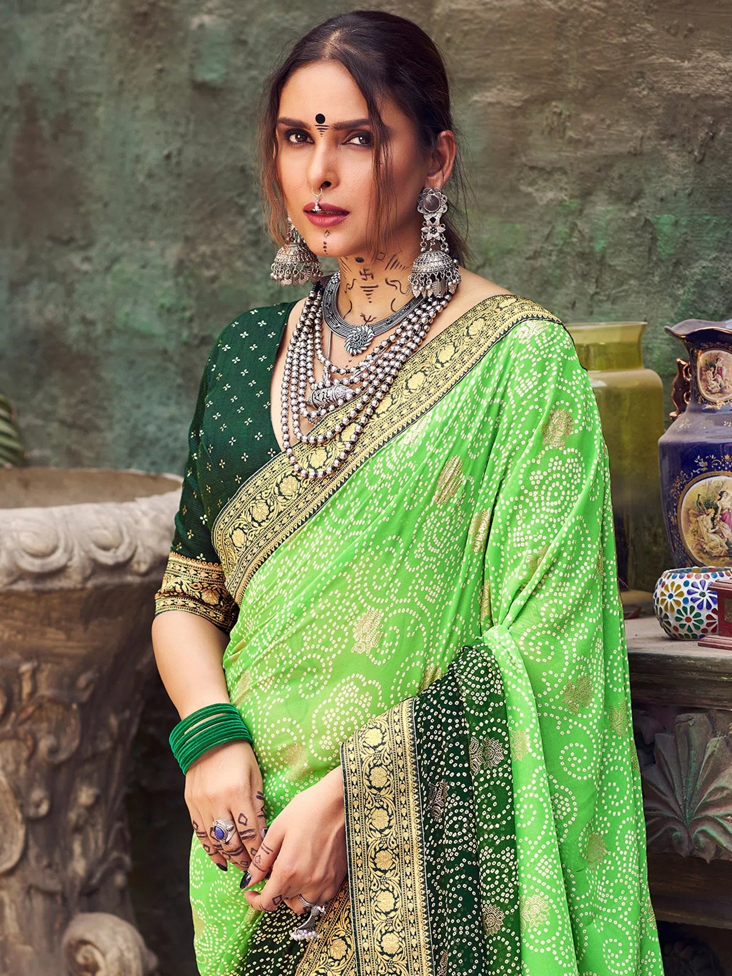 Saree Mall Women's Georgette Light Green Embellished Designer Saree With Blouse Piece-GHOOMAR1001 Elegant Embroidery Blouse