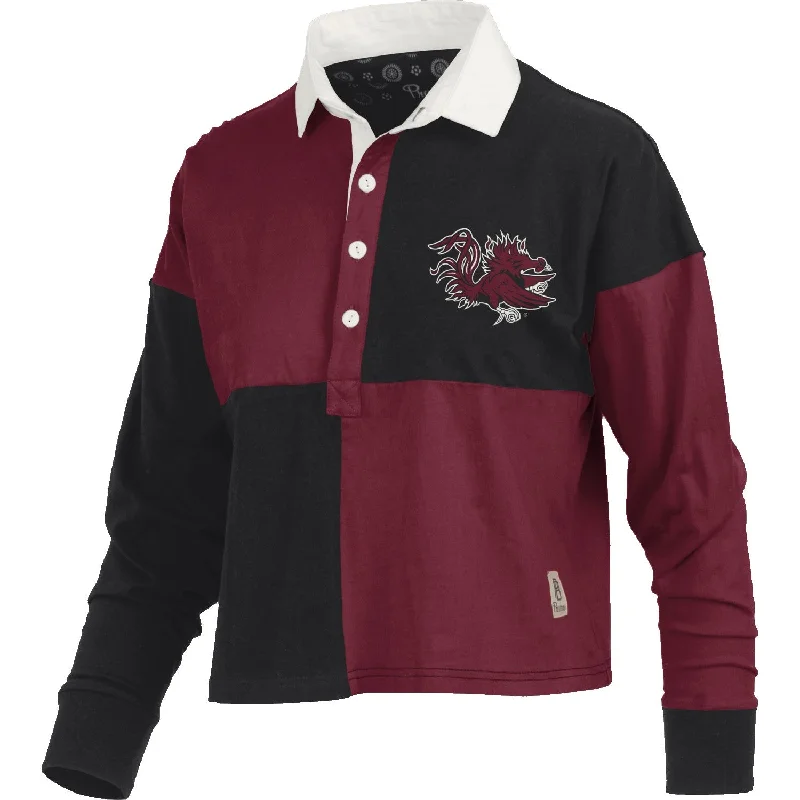 SOUTH CAROLINA GAMECOCKS GARNET AND BLACK RUGBY LADIES SHIRT-- Hooded Caped Shawl Collar