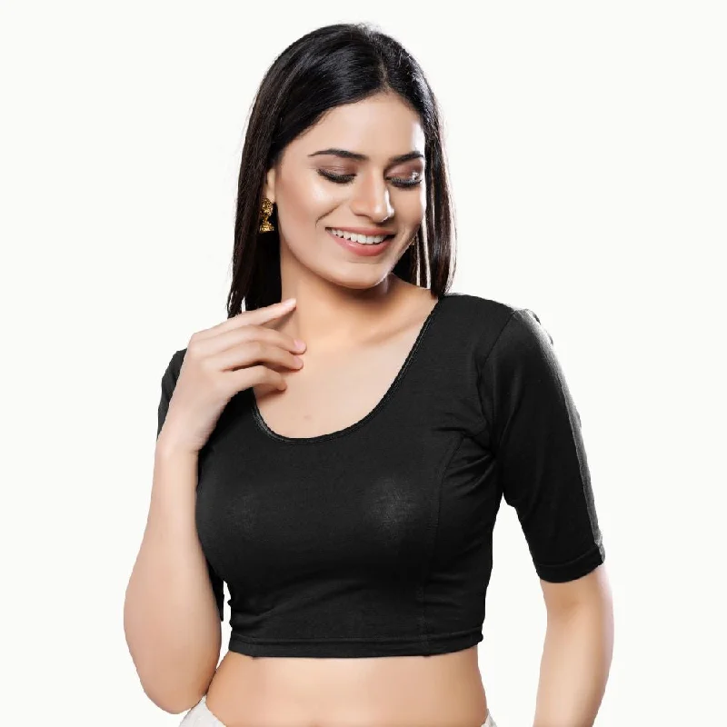 Black Cotton Lycra Solid Elbow Sleeves Blouse Boho Chic Blouse
