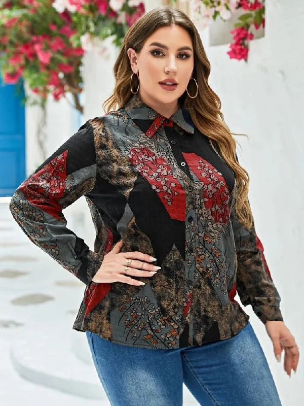 Floral Print Button Front Shirt S4412600-- Mesh Canvas Denim