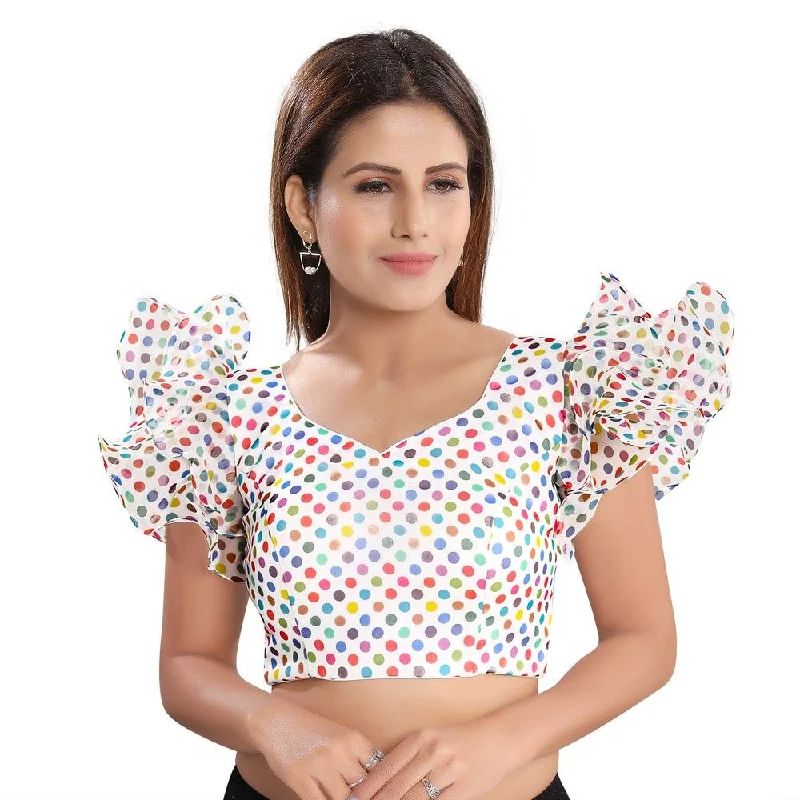 White Organza Printed Short Sleeves Blouse Chic Square Blouse