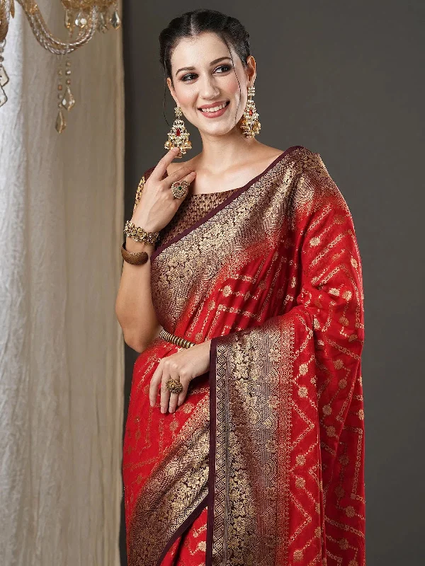 Saree Mall Women's Georgette Red Woven Design Designer Saree With Blouse Piece-21ALEKHA2104 Satin Long Blouse