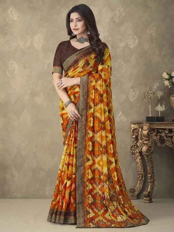 Saree Mall Women's Chiffon Yellow Embellished Designer Saree With Blouse Piece-RUCHI24003B Office-Ready Blouse