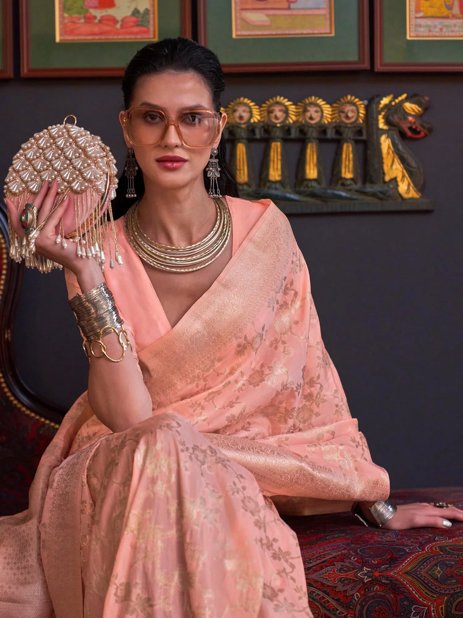 Saree Mall Women's  Blend Peach Woven Design Designer Saree With Blouse Piece-KHBUTAI322004 Gathered Detail Blouse