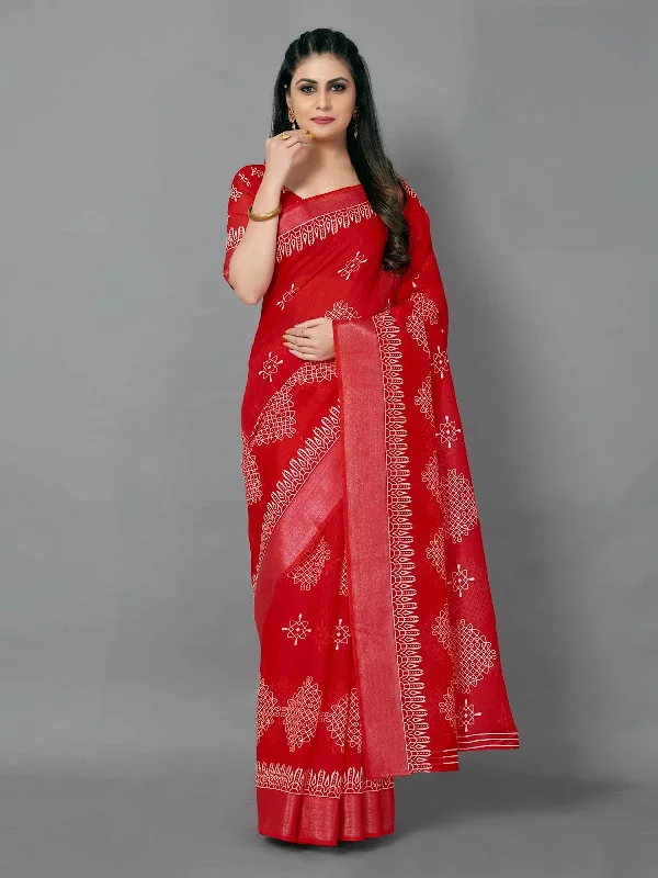 Saree Mall Women's Cotton Blend Red Printed Designer Saree With Blouse Piece-TNZC12A Semi-Sheer Blouse