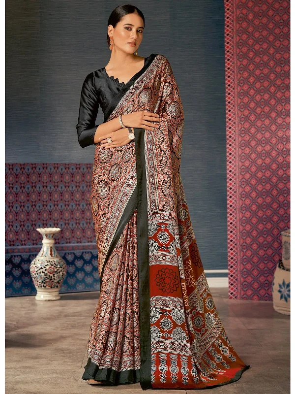 Saree Mall Women's Crepe Brown Digital Print Designer Saree With Blouse Piece-AJRKH306 Semi-Sheer Blouse
