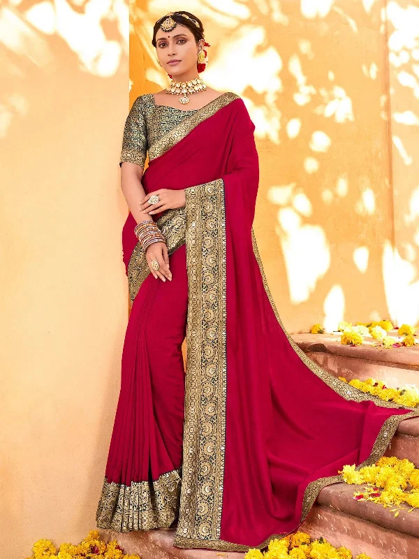 Saree Mall Women's Vichitra  Magenta Embellished Designer Saree With Blouse Piece-NALLI81648 Mandarin Collar Blouse