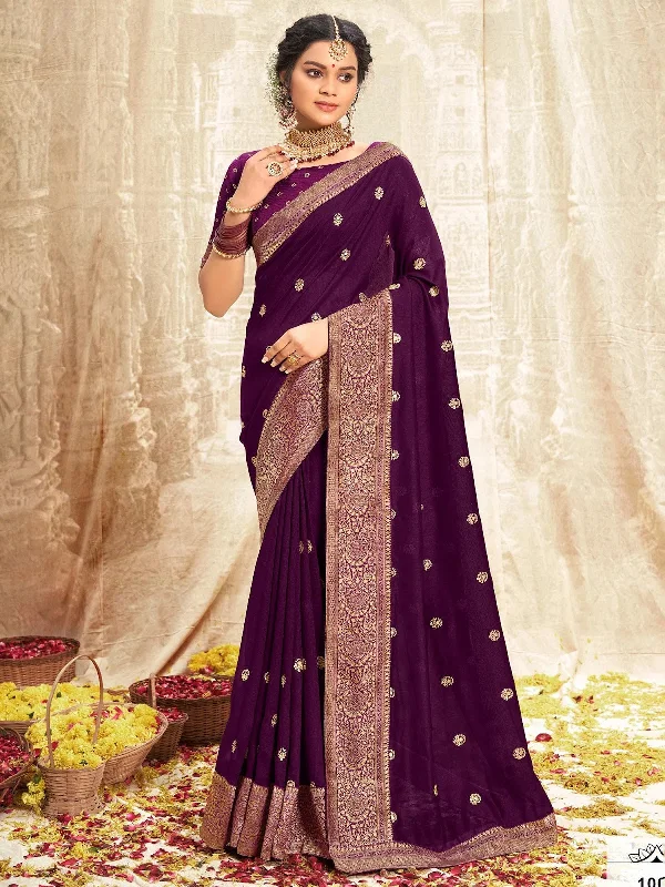 Saree Mall Women's Vichitra  Purple Embellished Designer Saree With Blouse Piece-NISHA1004 Delicate Bow Blouse