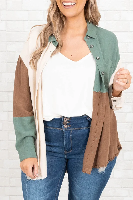Sage Mosaic Viscose Linen Womens Shirt-- Zippered Front Buttoned Front Snap Front