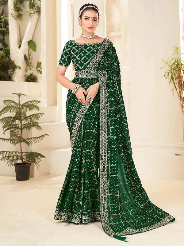 Saree Mall Women's Vichitra  Green Embellished Designer Saree With Blouse Piece-ANGEL1006 Frilled Cuff Blouse