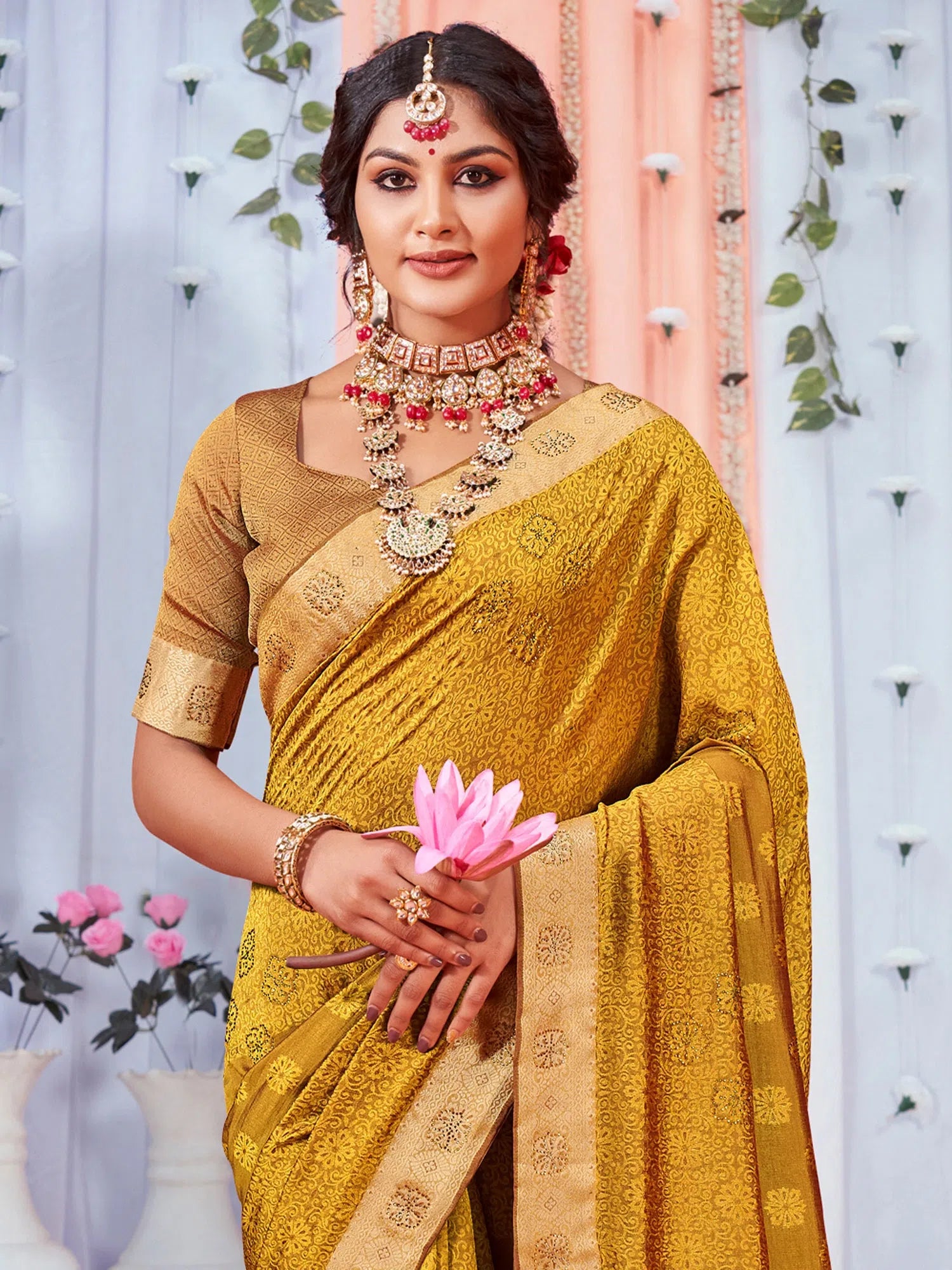 Saree Mall Women's Pure  Mustard Embellished Designer Saree With Blouse Piece-GLXS4144 Soft Pastel Blouse