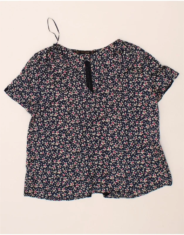 ZARA Womens Blouse Top UK 10 Small Navy Blue Floral Polyester Chic Sleeveless Blouse