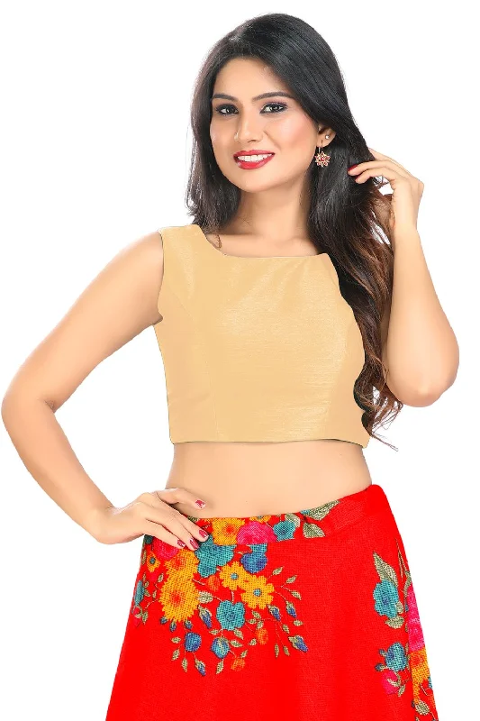 Gold Silk Solid Sleeveless Blouse Pleated Collar Blouse