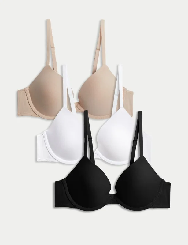 3pk Wired Plunge T-Shirt Bras A-E-- Silk Blend Satin Velvet