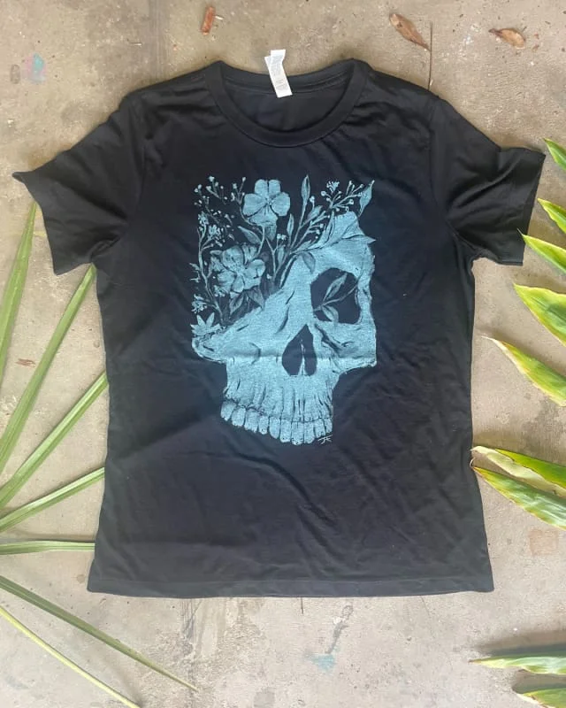 Life and Death | Fulfilled Skull and Flowers Women's Shirt-- Embroidered Appliqued Beaded