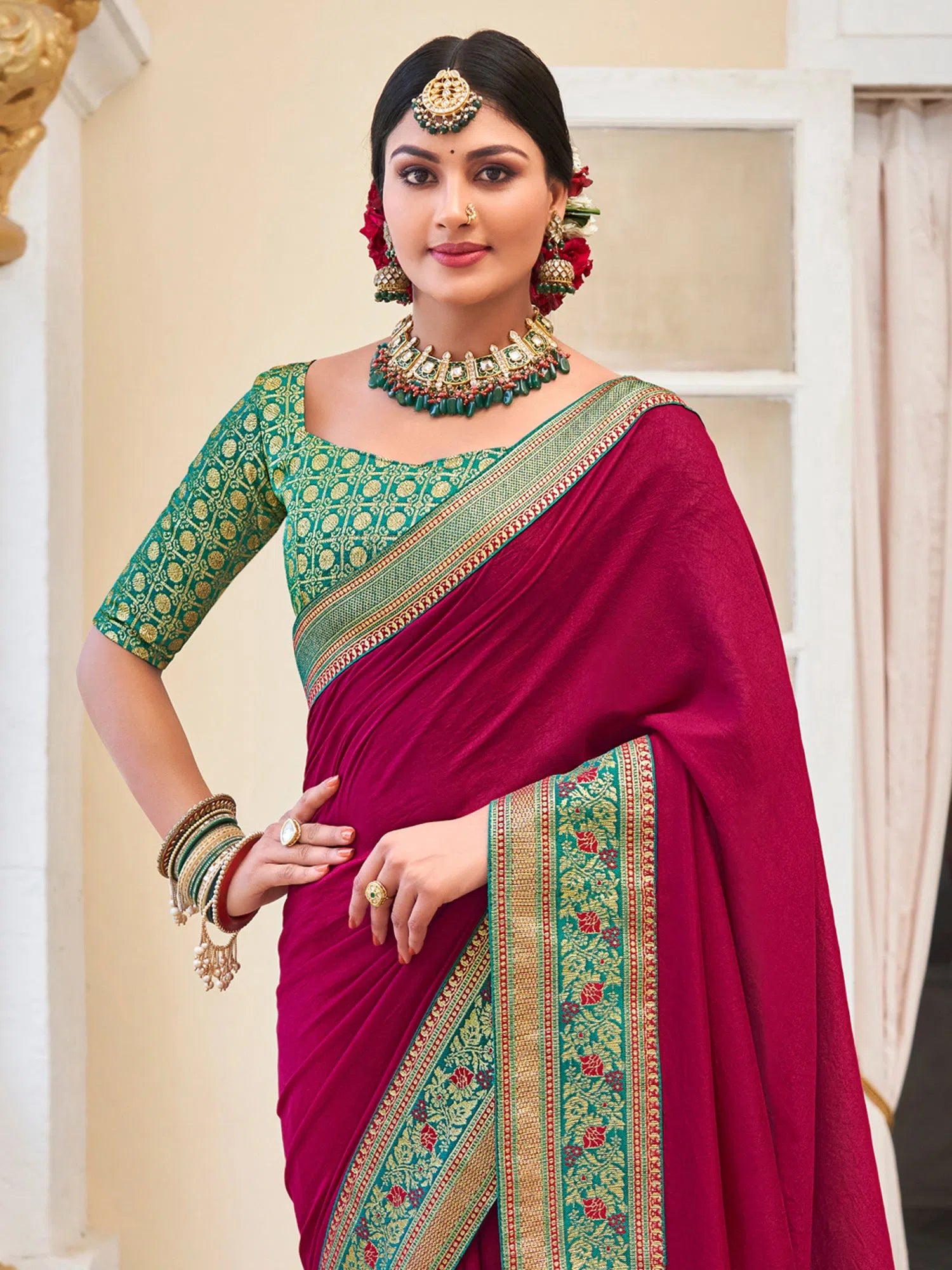 Saree Mall Women's Vichitra  Pink Embellished Designer Saree With Blouse Piece-KNTRA30138 Soft Knit Blouse