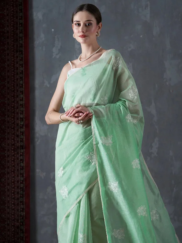 Saree Mall Women's Cotton Blend Green Embroidered Designer Saree With Blouse Piece-12KAVI1202 Ruffled Neck Blouse