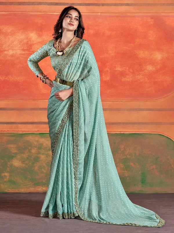 Saree Mall Women's Chiffon Sea Green Embellished Designer Saree With Blouse Piece-PIHU103 Floral Print Blouse