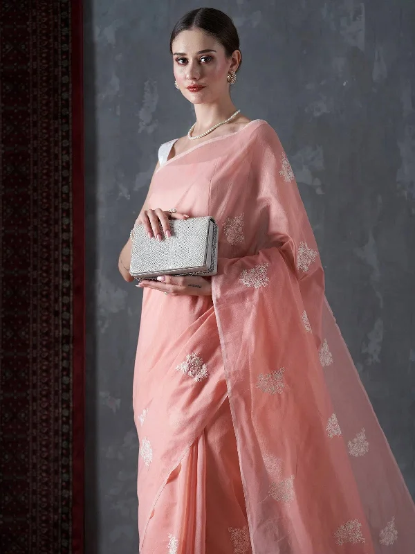 Saree Mall Women's Cotton Blend Peach Embroidered Designer Saree With Blouse Piece-12KAVI1203 Casual Relaxed Blouse