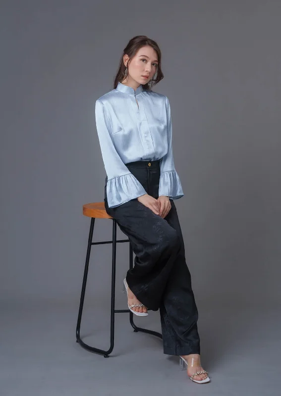 Flounce Sleeves Satin Mandarin Blouse (Light Blue) Elegant Semi-Sheer Blouse