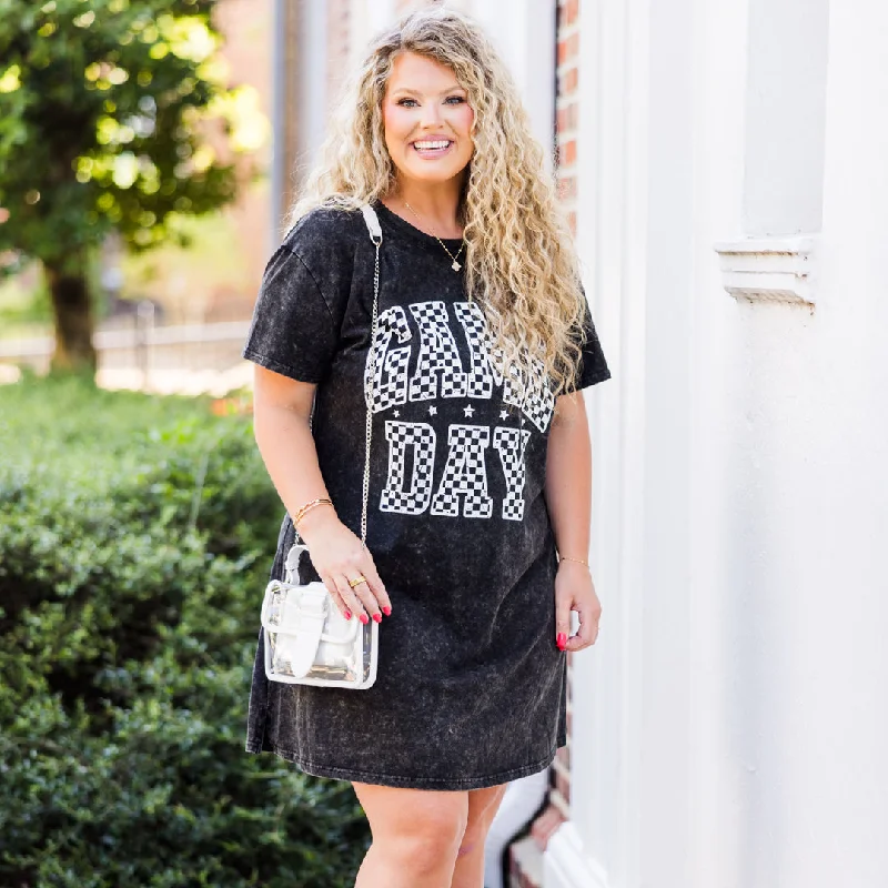 Ready For Game Day T-Shirt Dress, Black-- Front Pockets Side Pockets Patch Pockets