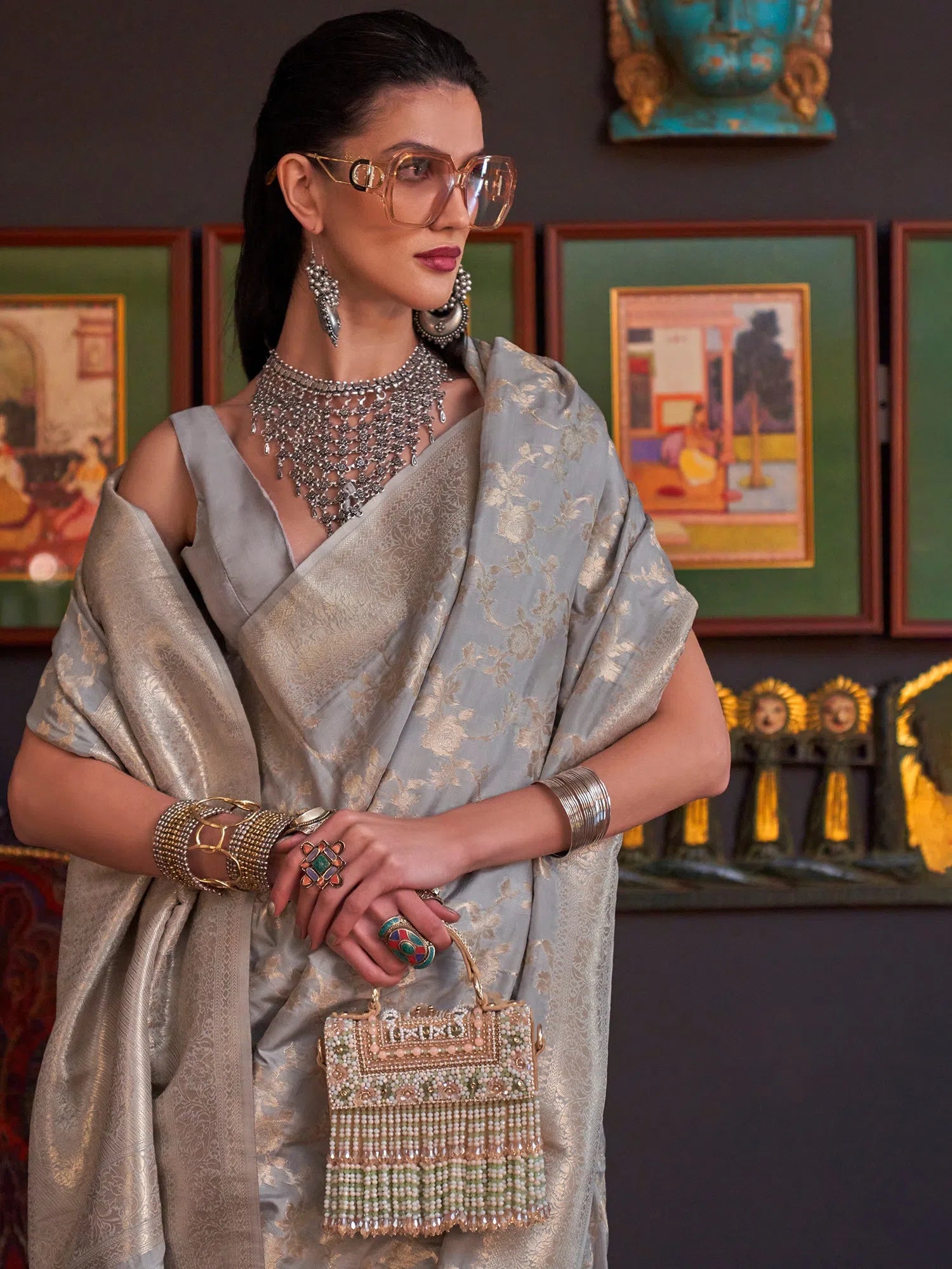 Saree Mall Women's Blend Grey Woven Design Designer Saree With Blouse Piece-KHBUTAI322002 Casual Stripe Blouse Saree Mall Women's Blend Grey Woven Design Designer Saree With Blouse Piece-KHBUTAI322002 Casual Stripe Blouse