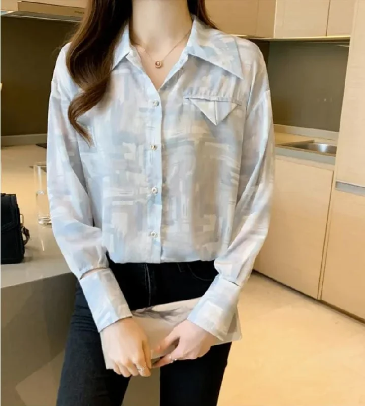 New long-sleeved lapel printed chiffon casual shirt for women L X4601457-- V-Neck T-Shirt Long Sleeve Cotton