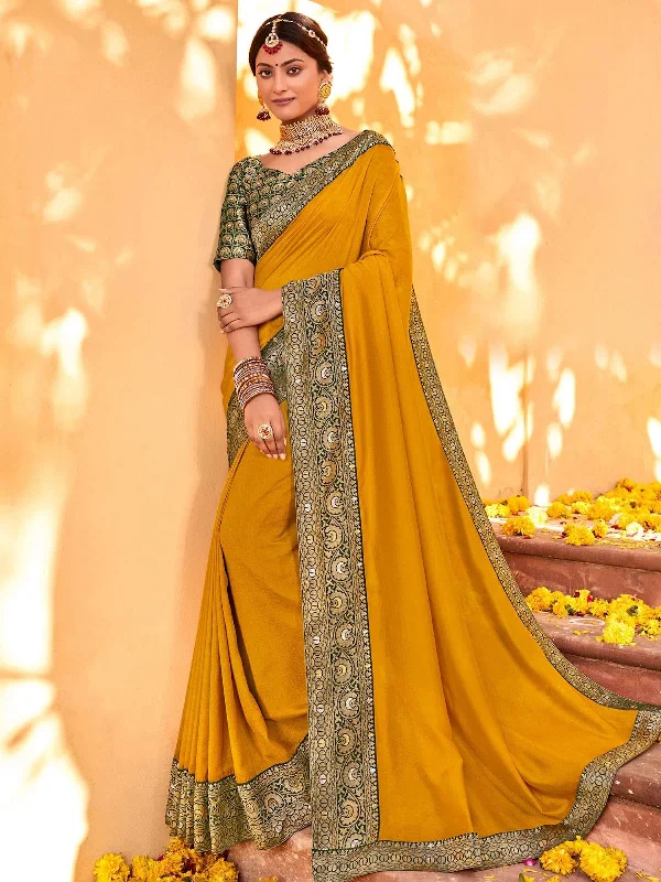 Saree Mall Women's Vichitra  Mustard Embellished Designer Saree With Blouse Piece-NALLI81645 Casual Button Blouse