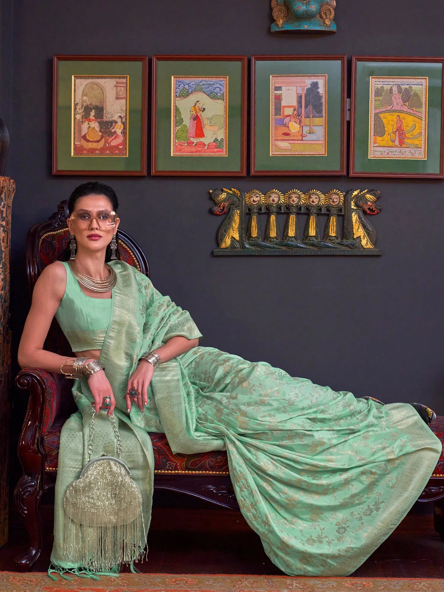 Saree Mall Women's  Blend Sea Green Woven Design Designer Saree With Blouse Piece-KHBUTAI322006 Boho Chic Blouse