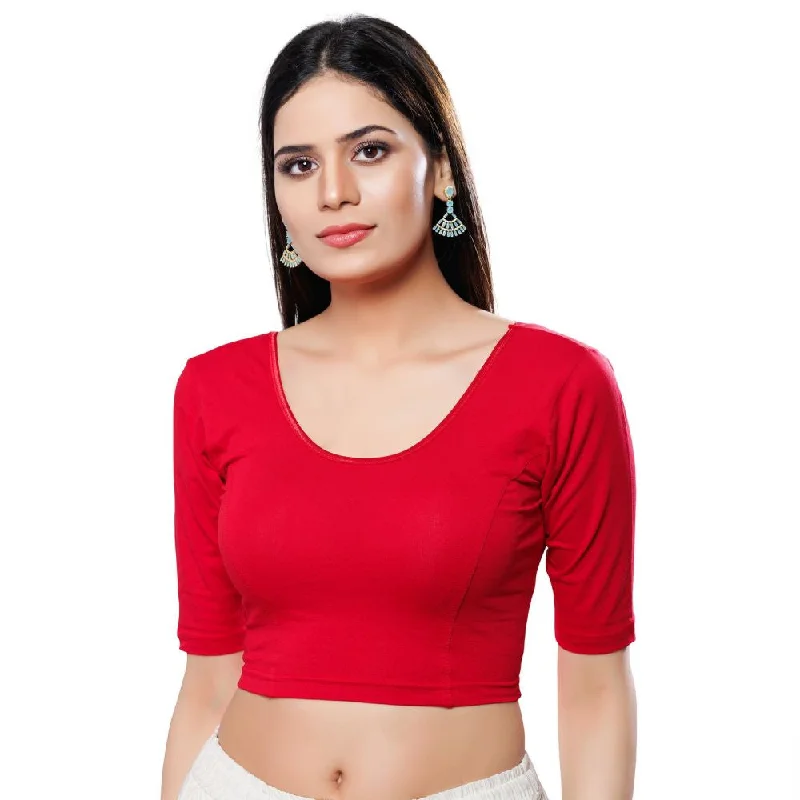 Pink Cotton Lycra Solid Elbow Sleeves Blouse Versatile Layering Blouse