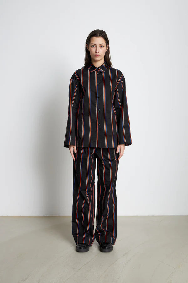 STELLA NOVA COTTON SHIRT WITH EMBROIDERED STRIPES - BLACK FALL-- Front Pockets Side Pockets Patch Pockets