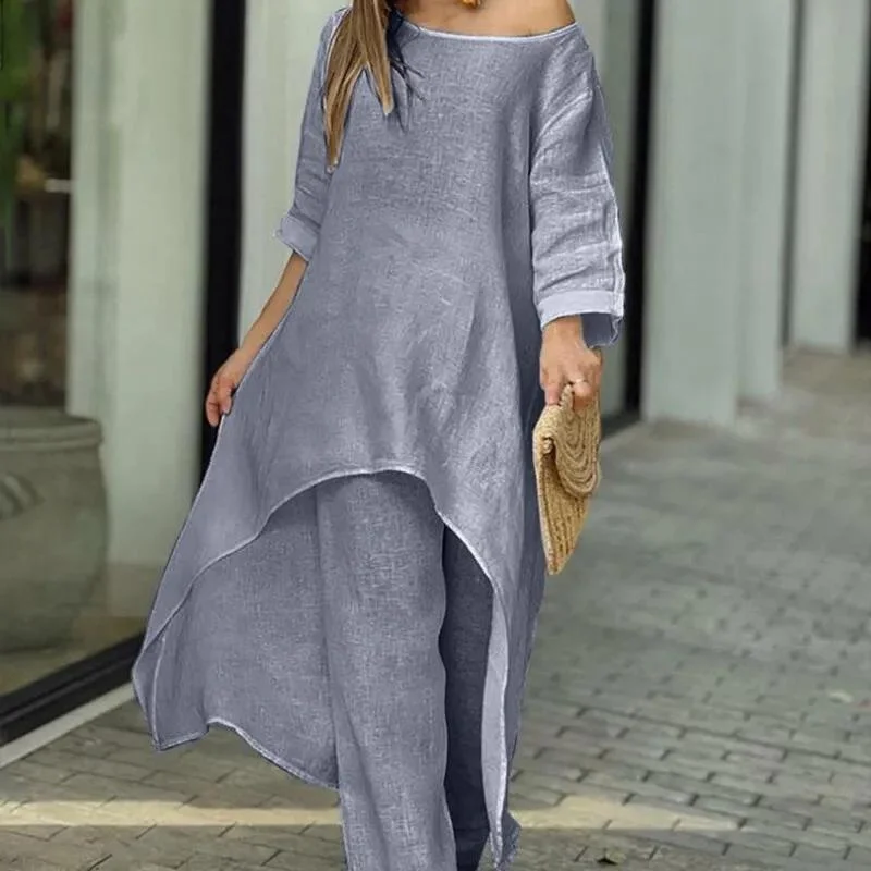Summer Casual Loose Solid Blouse T-shirt Wide Leg Pants Suit Outfits 2 Piece Set 002528006-- Iron Safe Non-Iron Wrinkle Free