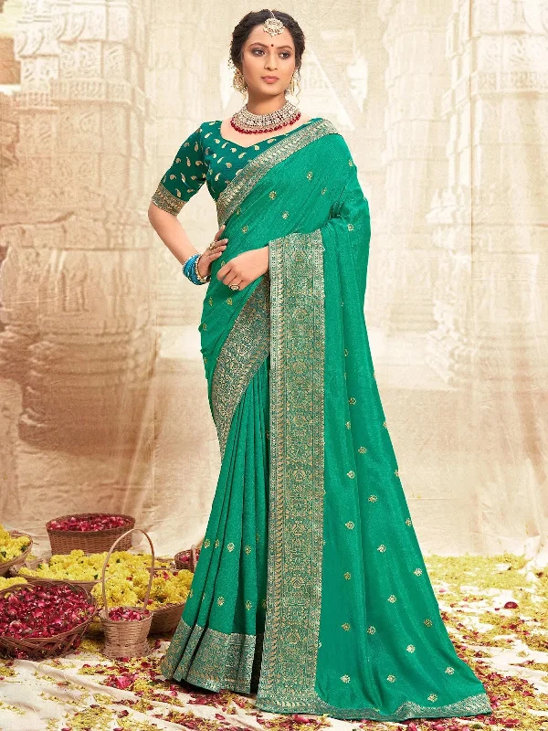 Saree Mall Women's Vichitra  Sea Green Embellished Designer Saree With Blouse Piece-NISHA1003 Floral Chiffon Blouse