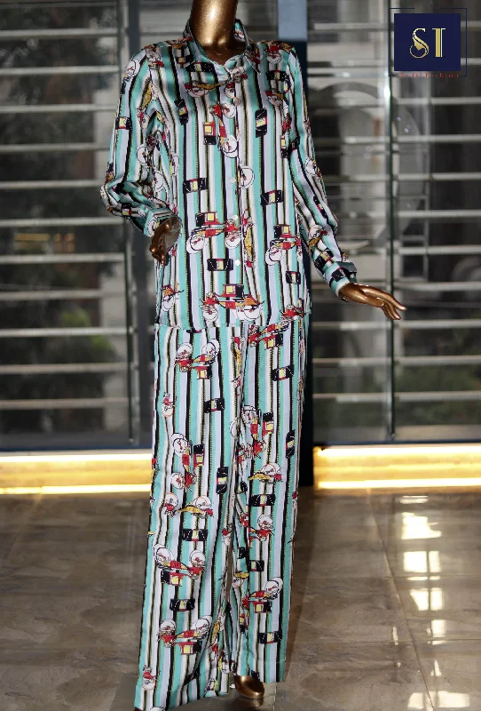 Silky Soft Floral Terrace Shirt And Pant Set-- Beaded Sequined Faux Fur