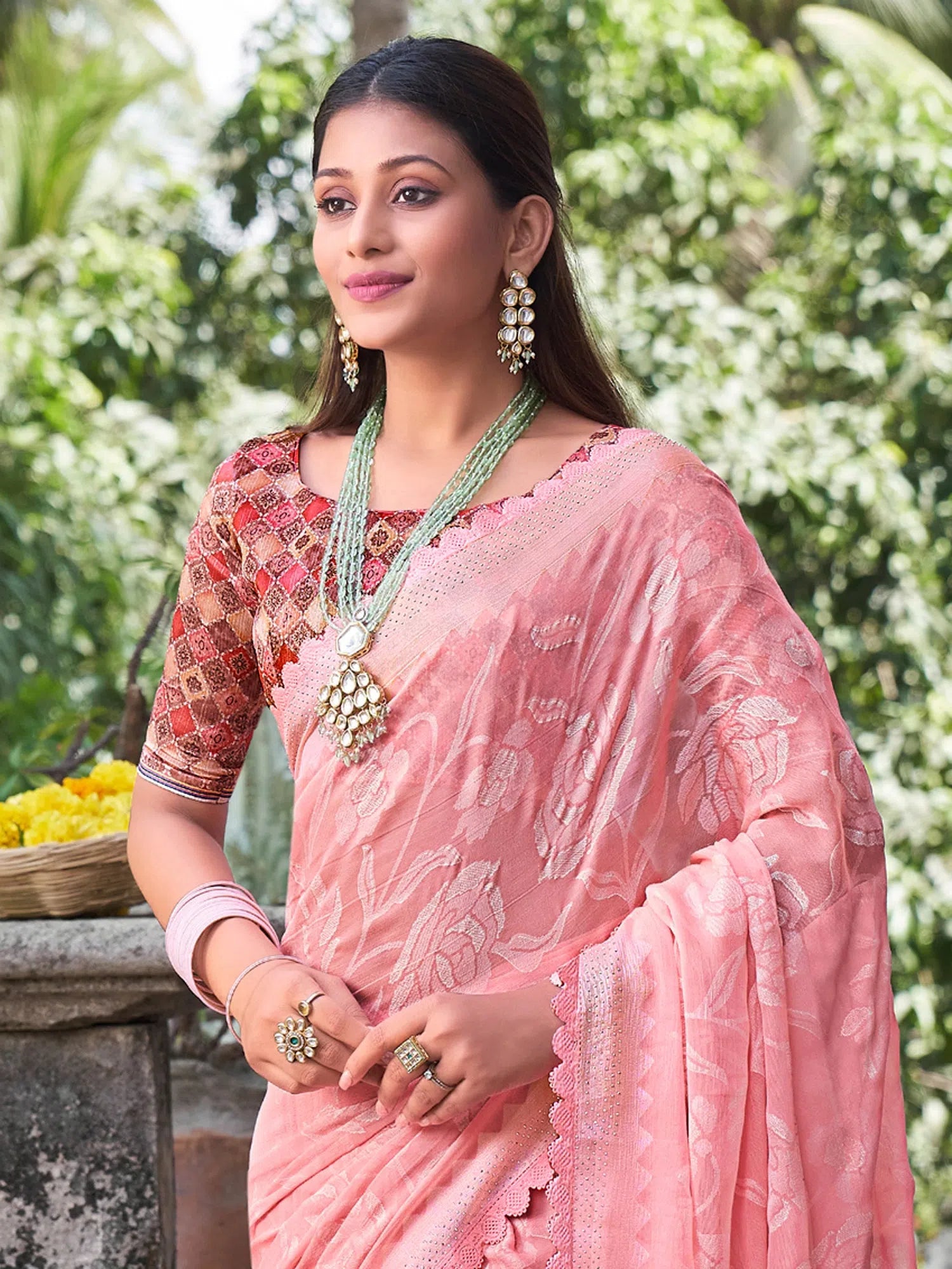 Saree Mall Women's Chiffon Pink Embellished Designer Saree With Blouse Piece-KINJAL4263 Drape Neck Blouse