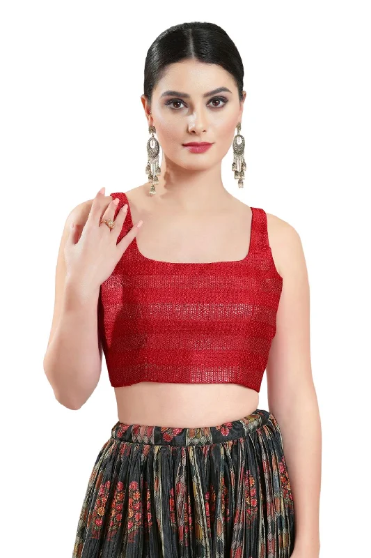 Red Brocade Embellished Sleeveless Blouse Elegant Silk Blouse